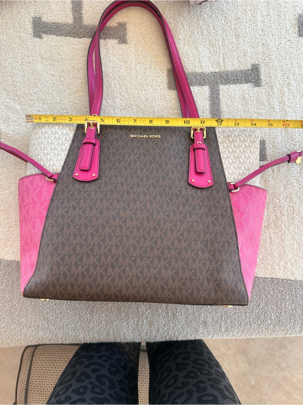 Michael Kors Brown Logo Tote with Pink Accents Voyager tote - Picture 11 of 12